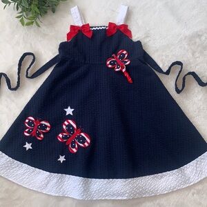 Sophie Rose 5 Navy Blue Patriotic Butterfly Seersucker Dress EUC Red White